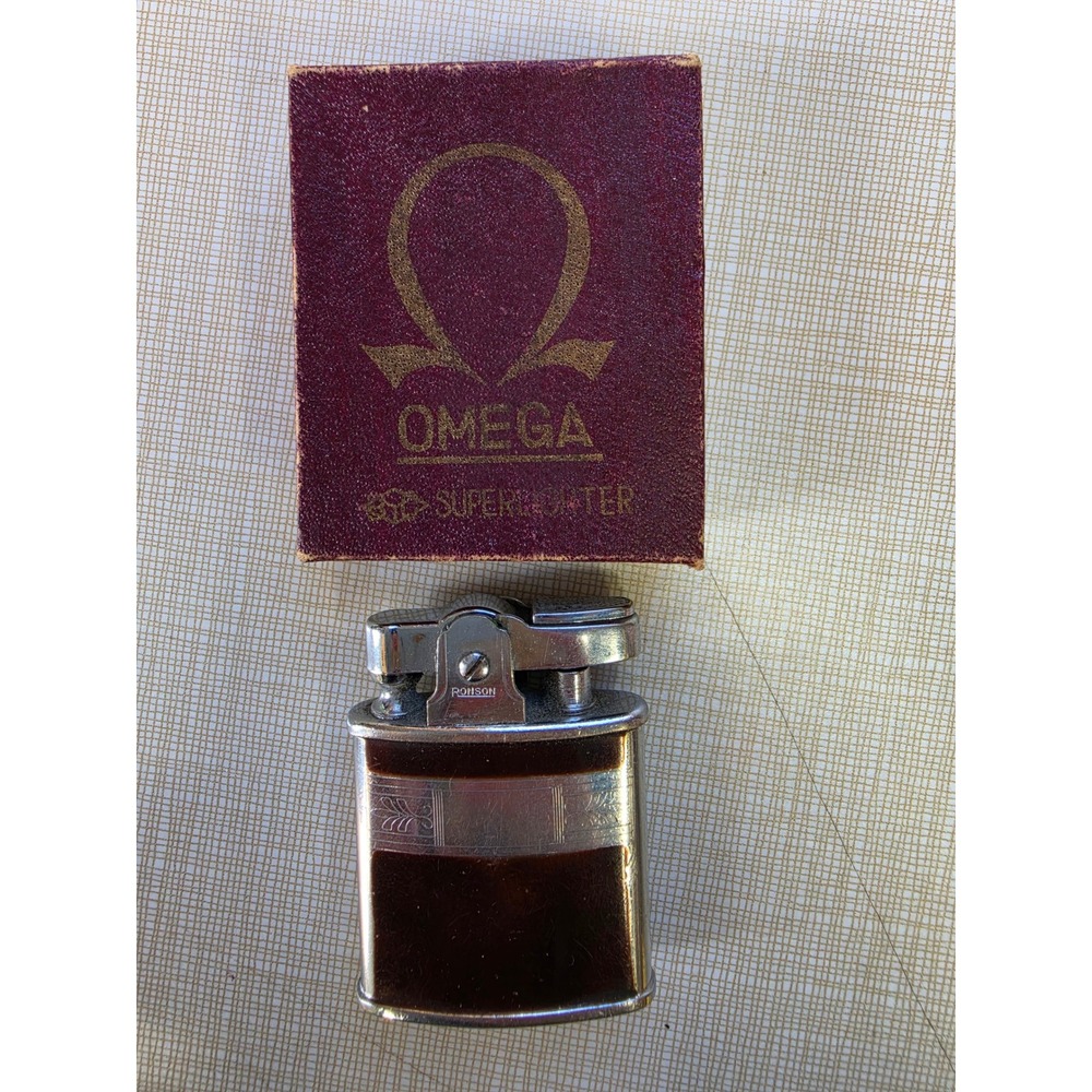 Vintage Ronson Omega Super Lighter Chrome Tortoise Shell with Original Box